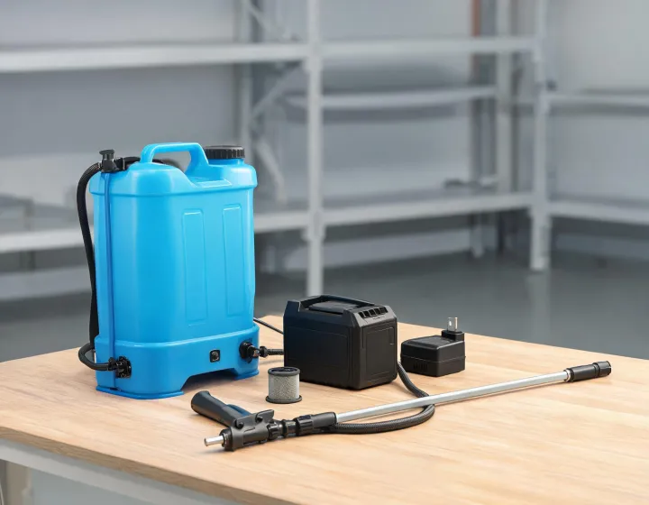 Sprayer battery and charger kit on a packing bench