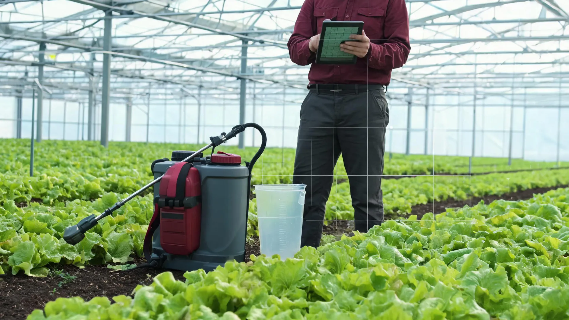 Battery backpack sprayer beside a crop trial lane